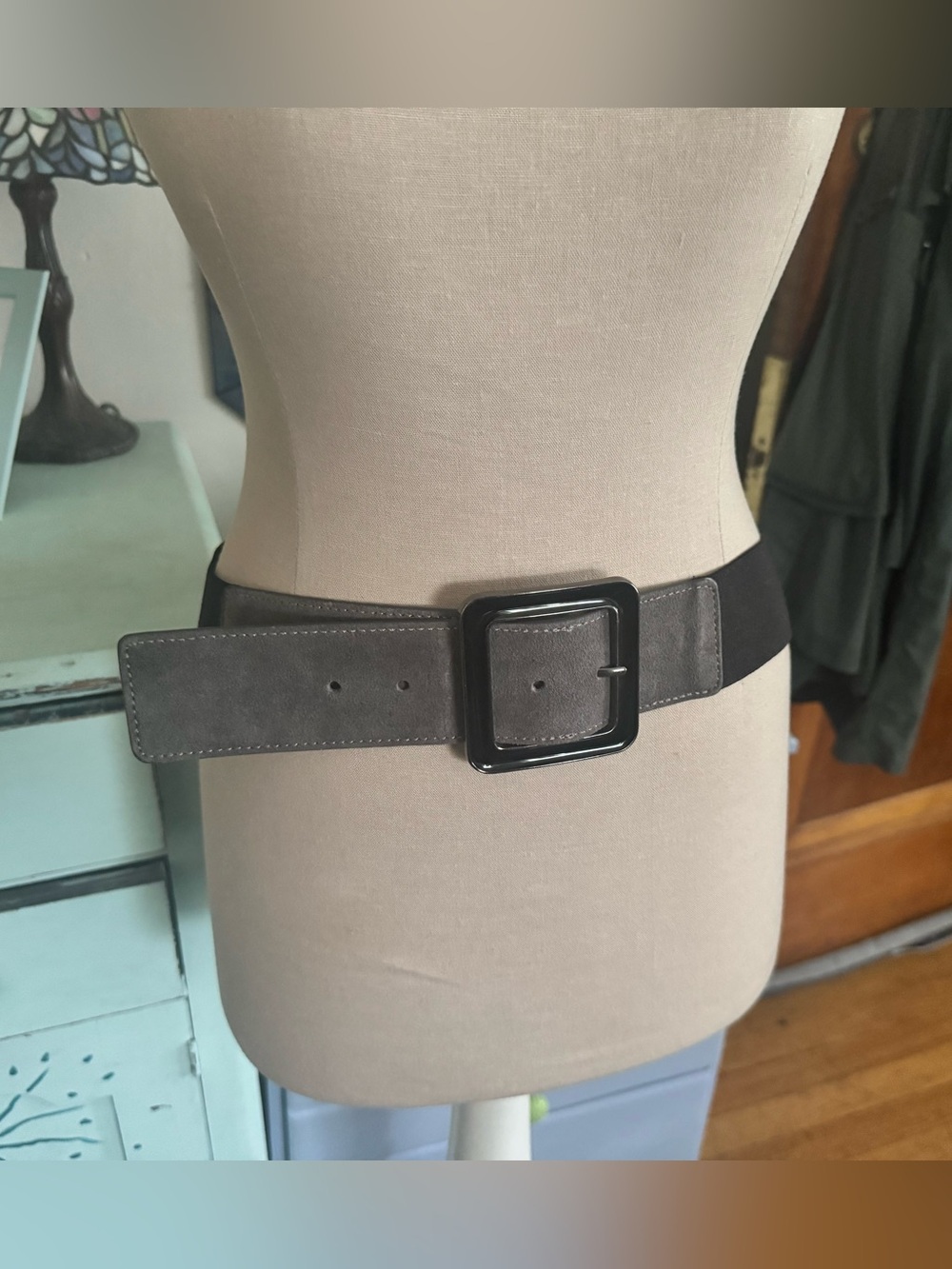 Nine West Wide Suede Stretch Belt with Square Enamel Buckle - Taupe & Black M/L